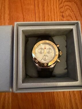Michele Gold Bezel Watch with Black Strap